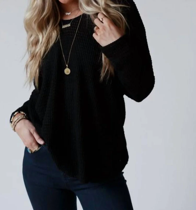 Flattering Open Back Thermal Knit Top In Black