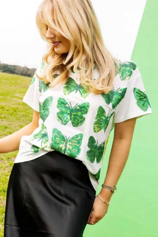 Scattered Butterfly Tee In White & Green