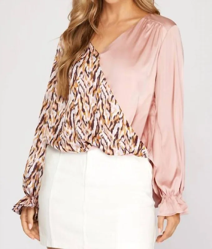 Split Satin Top In Blush/multi