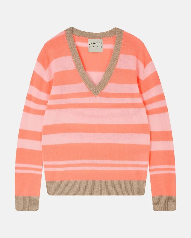 Women's Contrast Stripe Tee In Neon Coral