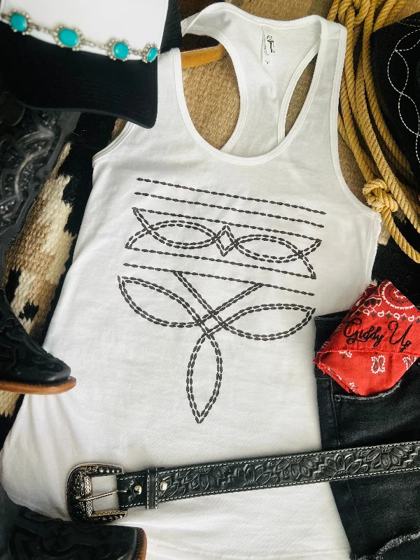 White Western Boot Stitch Graphic Racerback Tank