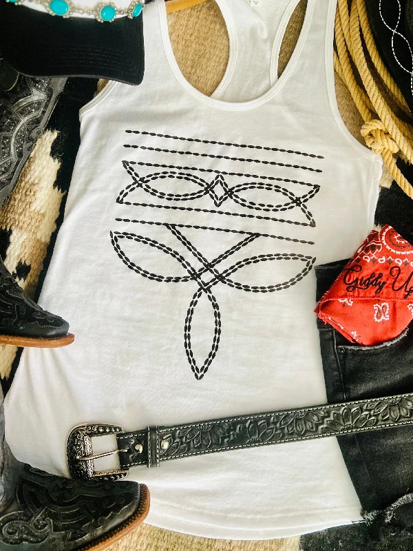 White Western Boot Stitch Graphic Racerback Tank