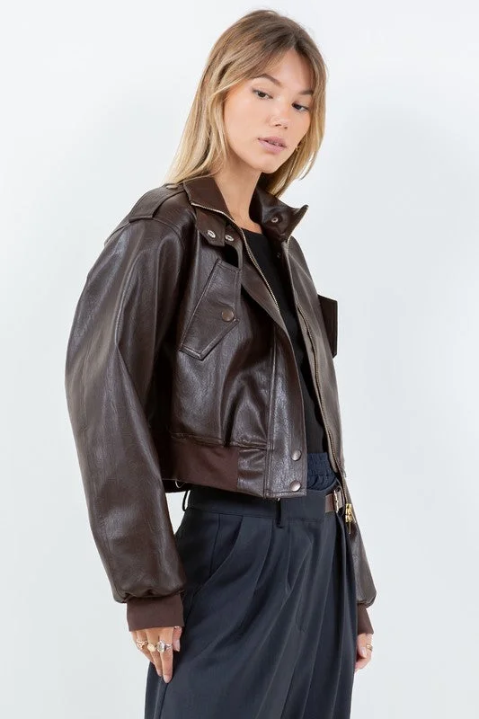 Waitlist 9/30 ♥ Aria Vegan Leather Cropped Bomber Jacket Brown