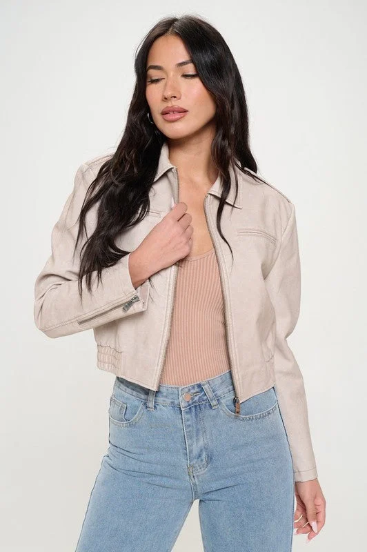 Avery Vegan Leather Cropped Bomber Jacket Cream