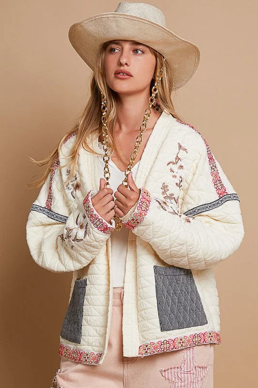 Farrah Long Sleeve Embroidered Quilted Jacket Cream