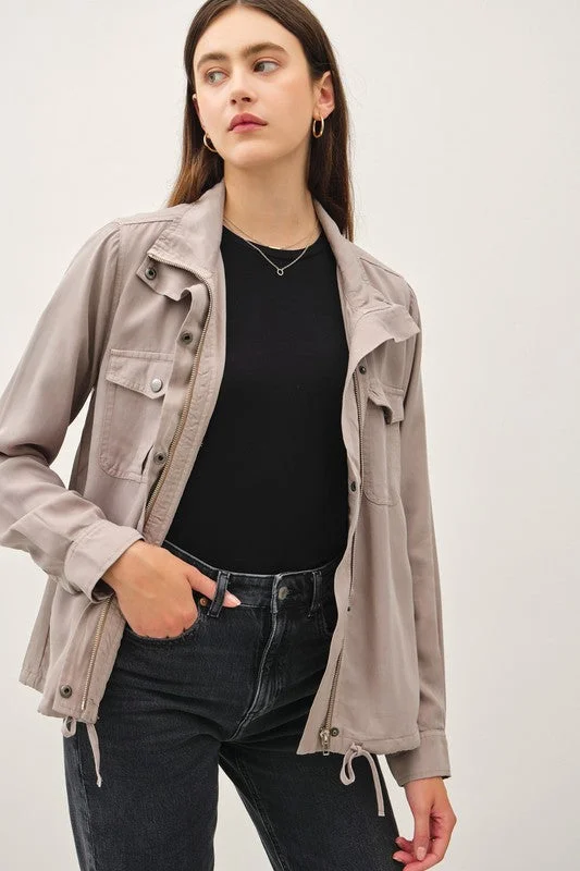 Kate Long Sleeve Drawstring Utility Jacket Grey