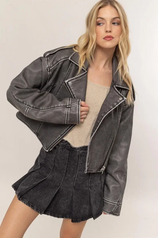 Peyton Vegan Leather Cropped Moto Jacket Black