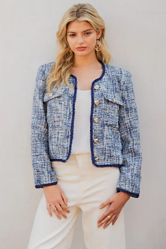 Steph Long Sleeve Tweed Button Down Jacket Blue