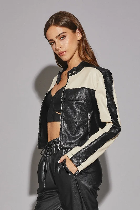 Waitlist 9/6 ♥ Tracie Vegan Leather Cropped Color Block Moto Jacket Black