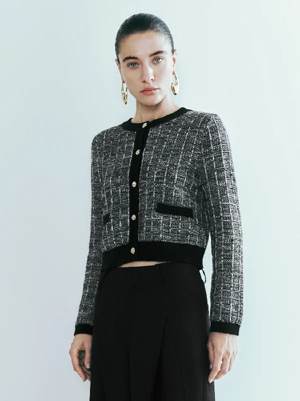 Contrast Trim Crew Neck Knitted Cardigan