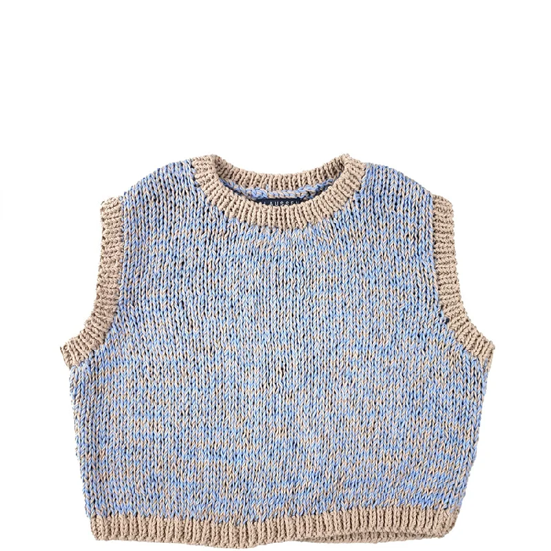 SHORT HAND KNITTED SLIPOVER IN BLUE/BEIGE