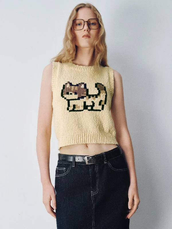 Pixel Cat Printed Knitted Tank Top