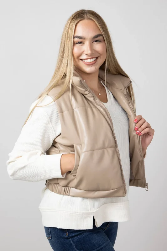 Cropped Faux Leather Puffer Vest for Women in Taupe | 53977-TAUPE