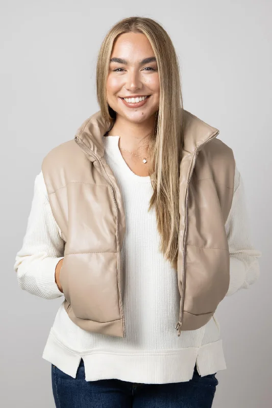 Cropped Faux Leather Puffer Vest for Women in Taupe | 53977-TAUPE