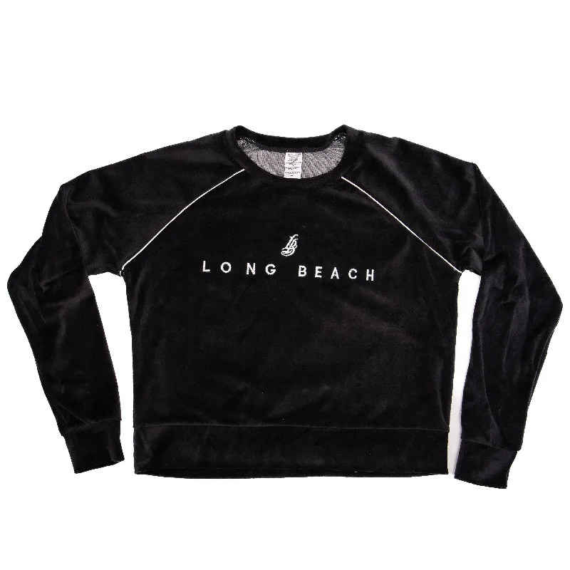 Embroidered Women's Velour Black Crew Neck Crop Long Sleeve