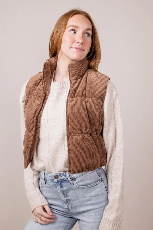 Love Tree Cropped Corduroy Puffer Vest for Women in Cocoa | 5101VH-COCOA