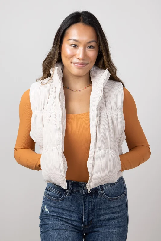 Love Tree Cropped Corduroy Puffer Vest for Women in Cream | 5101VH-CREAM