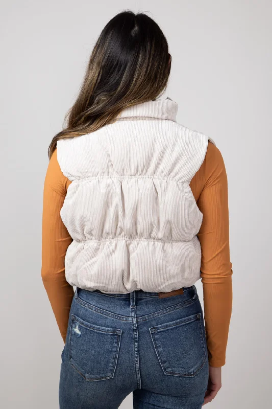 Love Tree Cropped Corduroy Puffer Vest for Women in Cream | 5101VH-CREAM