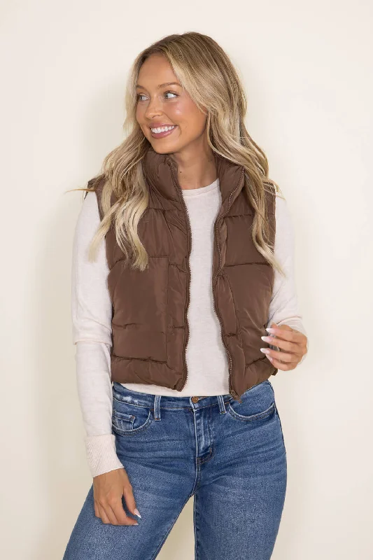 Love Tree Cropped Puffer Vest for Women in Brown | 5073VM-COCOA