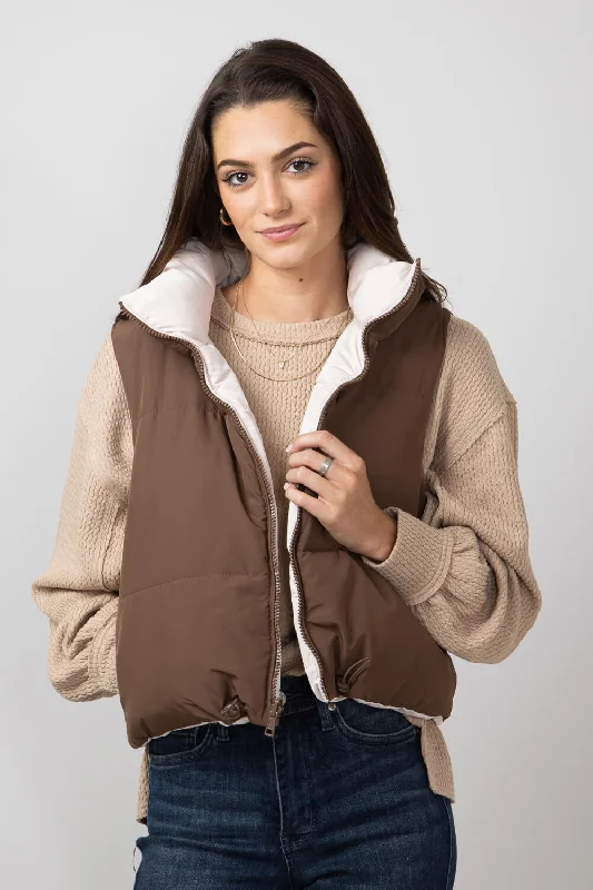 Love Tree Cropped Reversible Puffer Vest for Women in Cocoa/Brown | 5070VY-COCOA