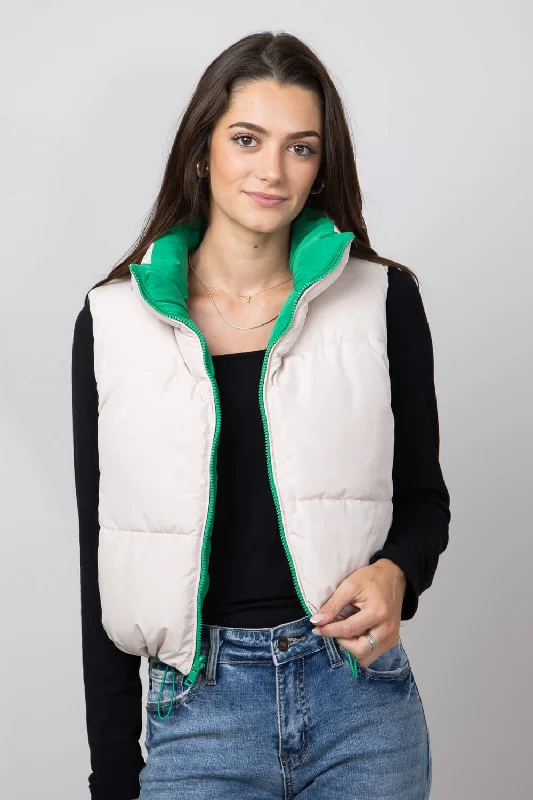 Love Tree Cropped Reversible Puffer Vest for Women in Green/Beige | 5070VY-KELLY