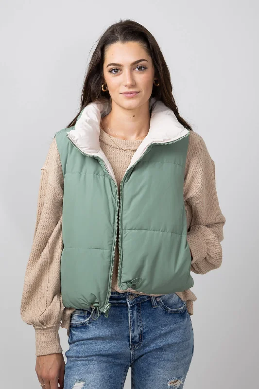 Love Tree Cropped Reversible Puffer Vest for Women in Olive/Beige | 5070VY-OLIVE