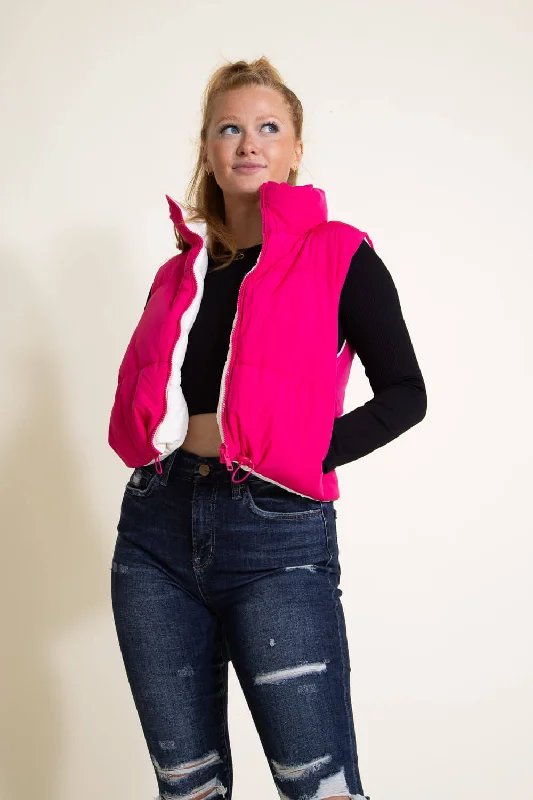 Love Tree Cropped Reversible Puffer Vest for Women in White/Fuchsia | 5070VY-FUCHSIA