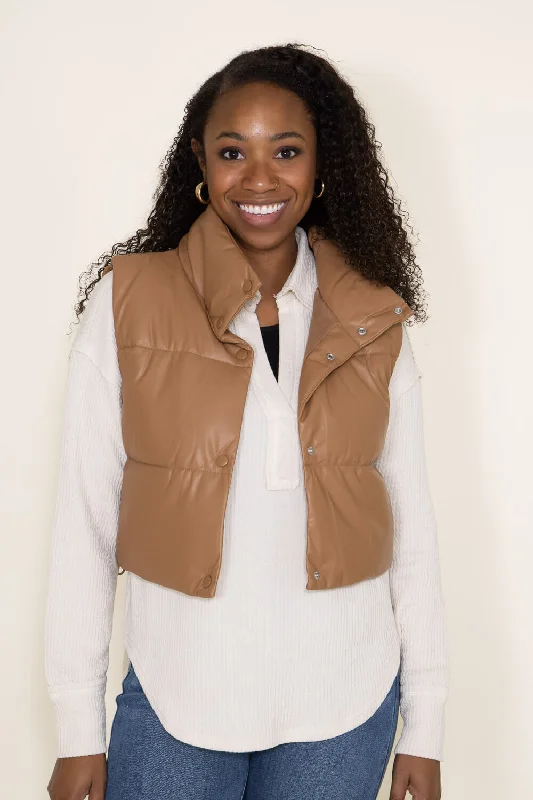 Love Tree Faux Leather Cropped Puffer Vest for Women in Brown | 5096VH-CAMEL