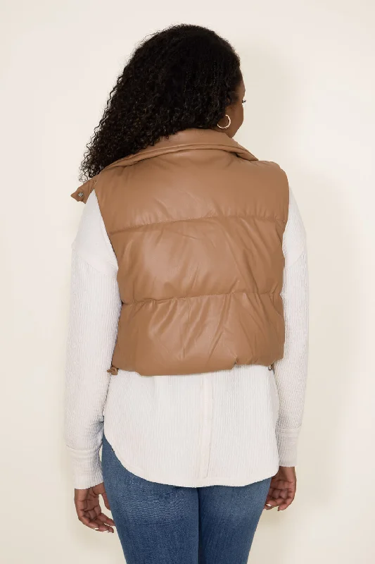 Love Tree Faux Leather Cropped Puffer Vest for Women in Brown | 5096VH-CAMEL