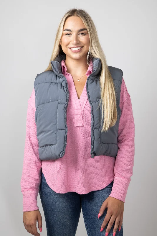 Love Tree Front Pocket Cropped Puffer Vest for Women in Slate | 5073VM-SLATE