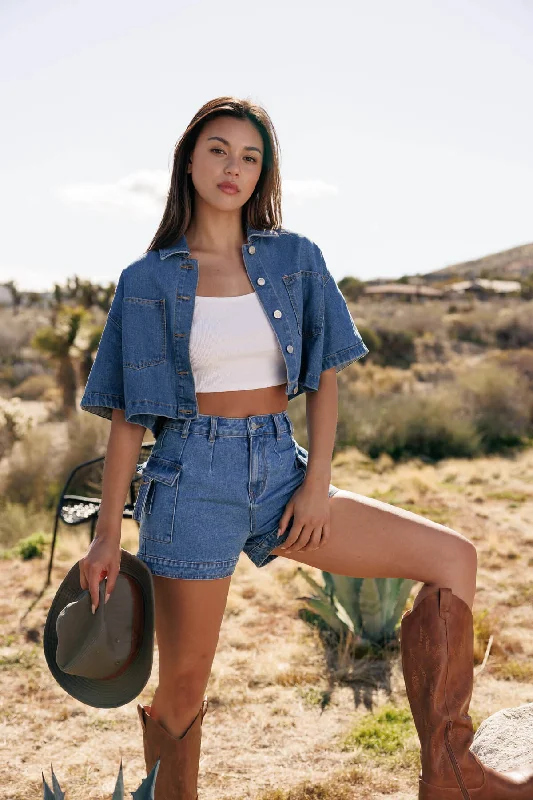 Short Sleeve Cropped Denim Jacket - Medium Wash