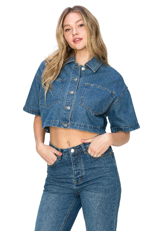 Short Sleeve Cropped Denim Jacket - Medium Wash