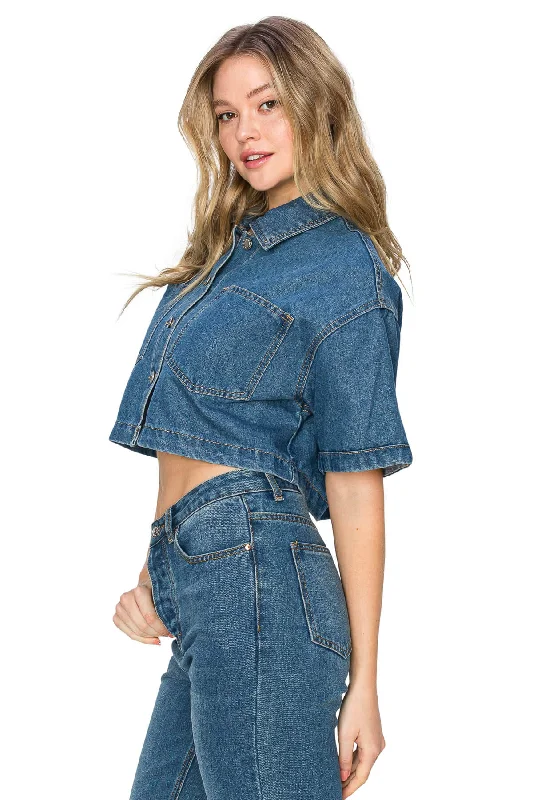 Short Sleeve Cropped Denim Jacket - Medium Wash