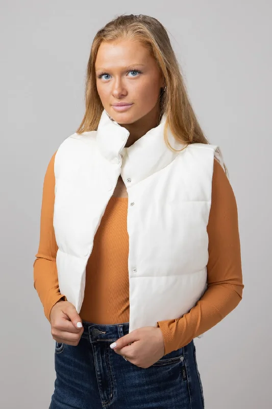 Simply Southern Faux Leather Cropped Puffer Vest for Women in Ivory | PP-0224-VEST-LTHR-IVORY