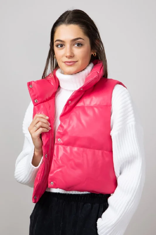 Simply Southern Faux Leather Cropped Puffer Vest for Women in Pink | PP-0224-VEST-LTHR-PINK