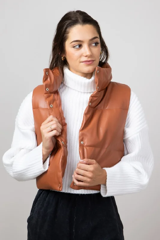 Simply Southern Faux Leather Cropped Puffer Vest for Women in Sepia | PP-0224-VEST-LTHR-SEPIA