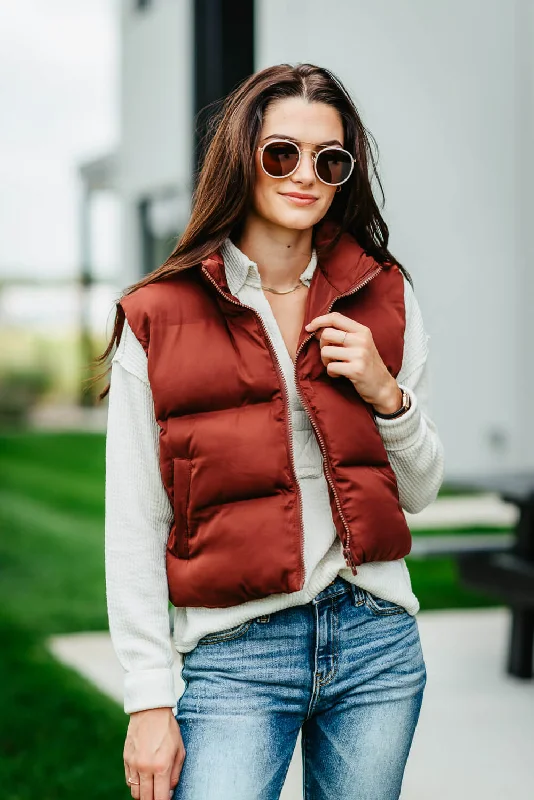 Thread & Supply Issey Cropped Puffer Vest for Women in Malbec Red | J2691PPGGK-MALBEC