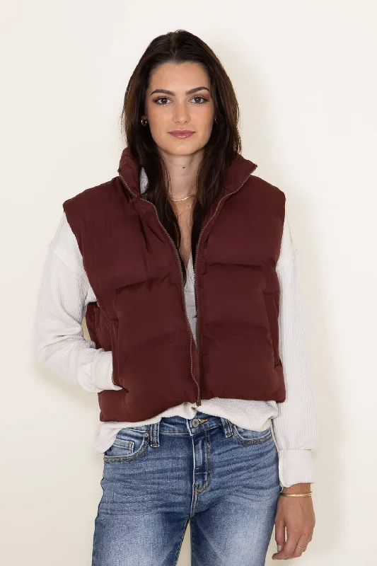 Thread & Supply Issey Cropped Puffer Vest for Women in Malbec Red | J2691PPGGK-MALBEC