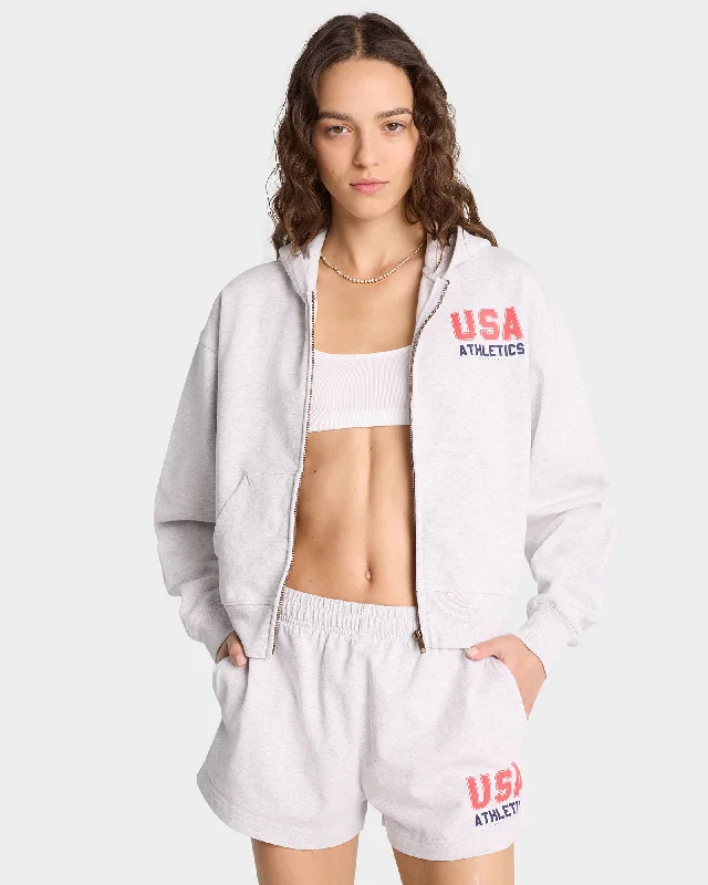 USA Athletics Cropped Zip Hoodie - Heather Gray/Navy/Sports Red