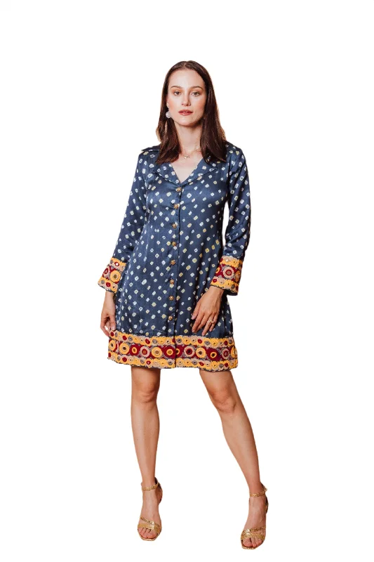 Kisha Blue pure Bandhej Blazer Dress with Hand Embroidered Trim