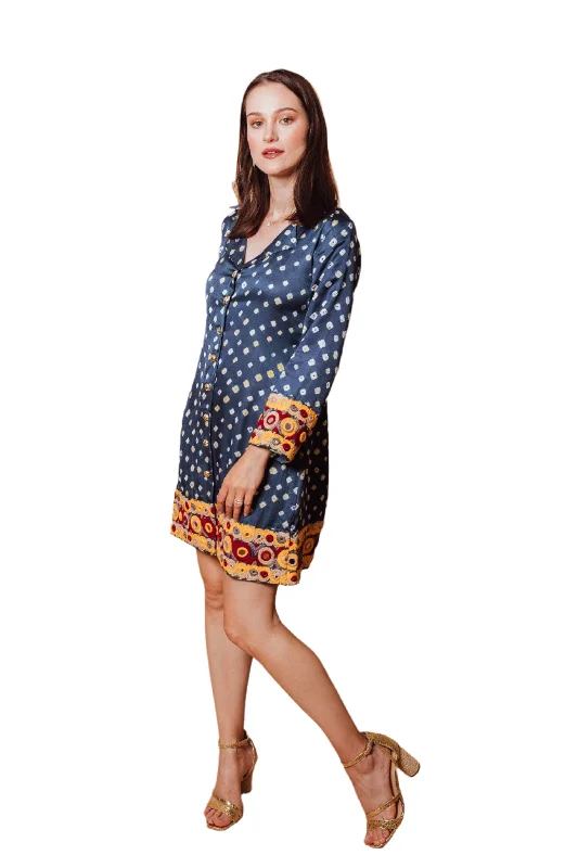 Kisha Blue pure Bandhej Blazer Dress with Hand Embroidered Trim