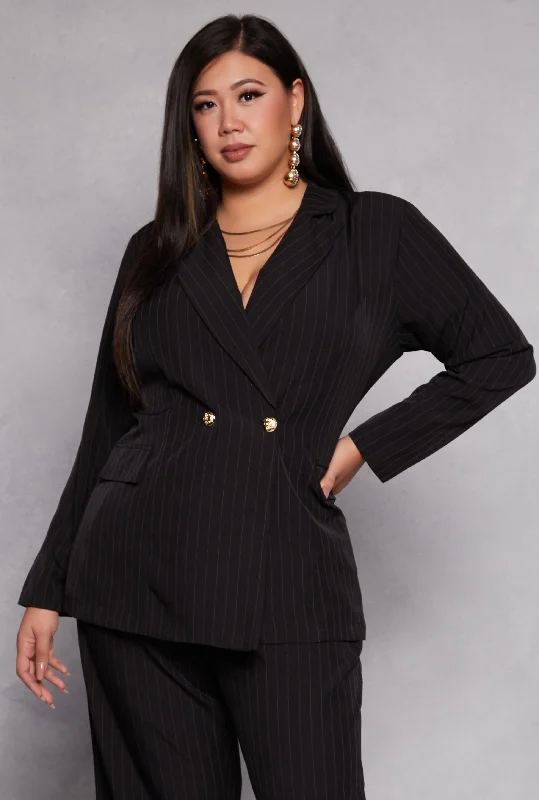 Plus Size Pinstripe Padded Shoulder Blazer