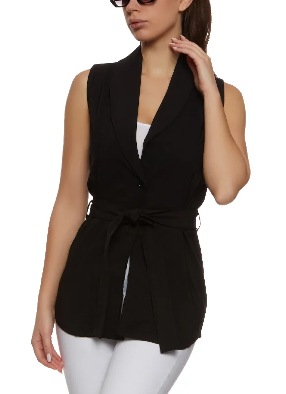 Sleeveless Tie Waist Belted Blazer