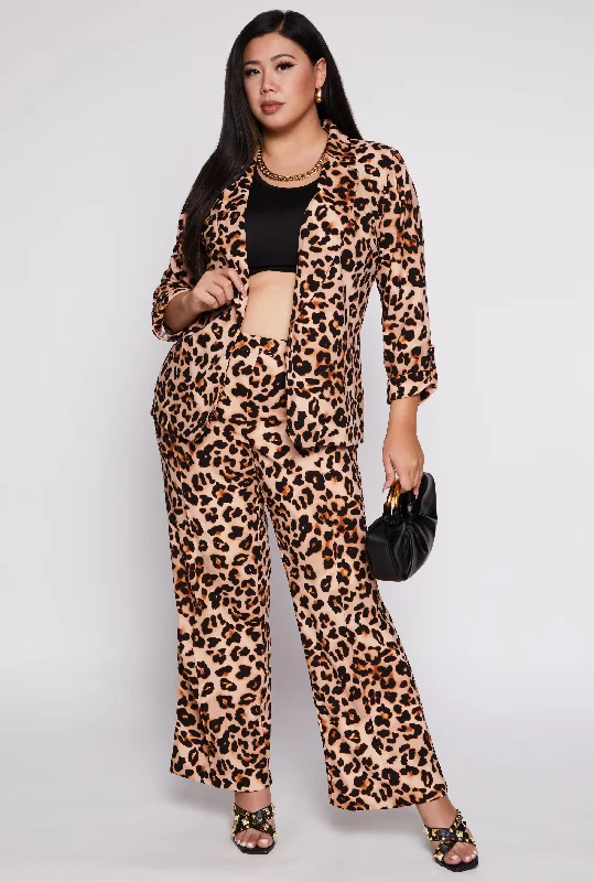 Plus Size Leopard Print Open Front Blazer