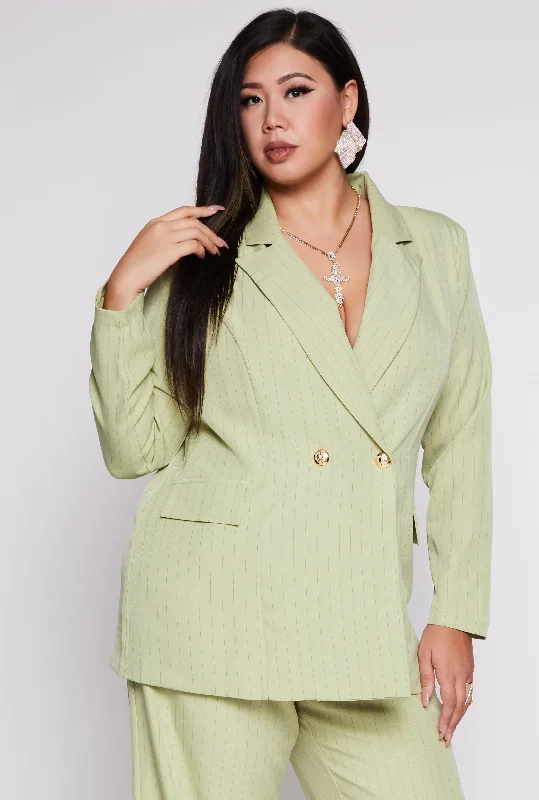 Plus Size Pinstripe Padded Shoulder Blazer