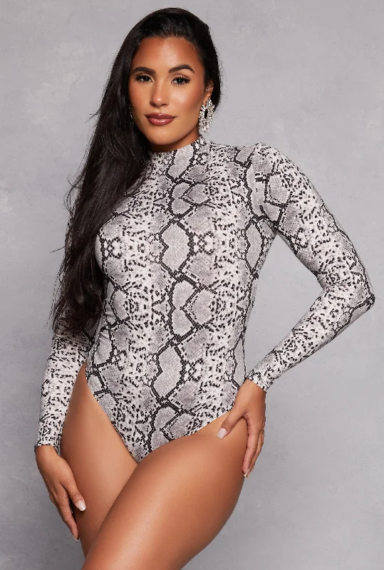 Patterned Long Sleeve Mock Neck Bodysuit