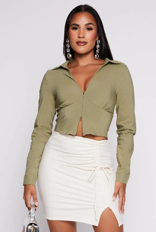 Poplin Zip Front Corset Detail Shirt