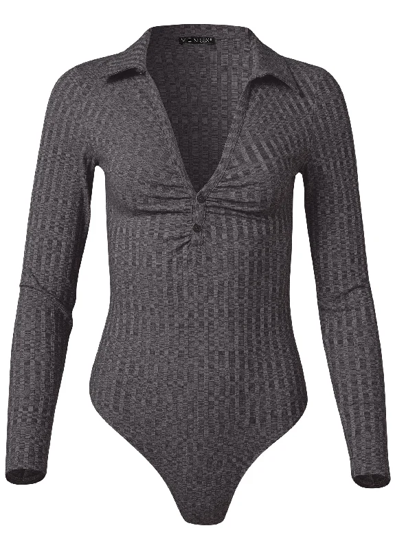 Plunging collared bodysuit - Dark Heather Grey