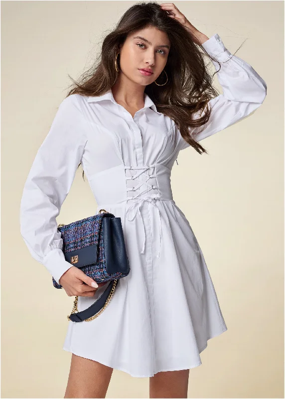 Corset waist shirt dress  - White